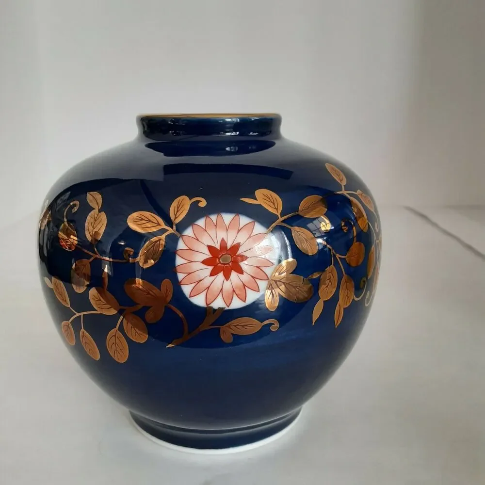Potiche a' Fleur Cobalt Blue Hand Painted & Gold Leaf Vase,Porcelain, Signed